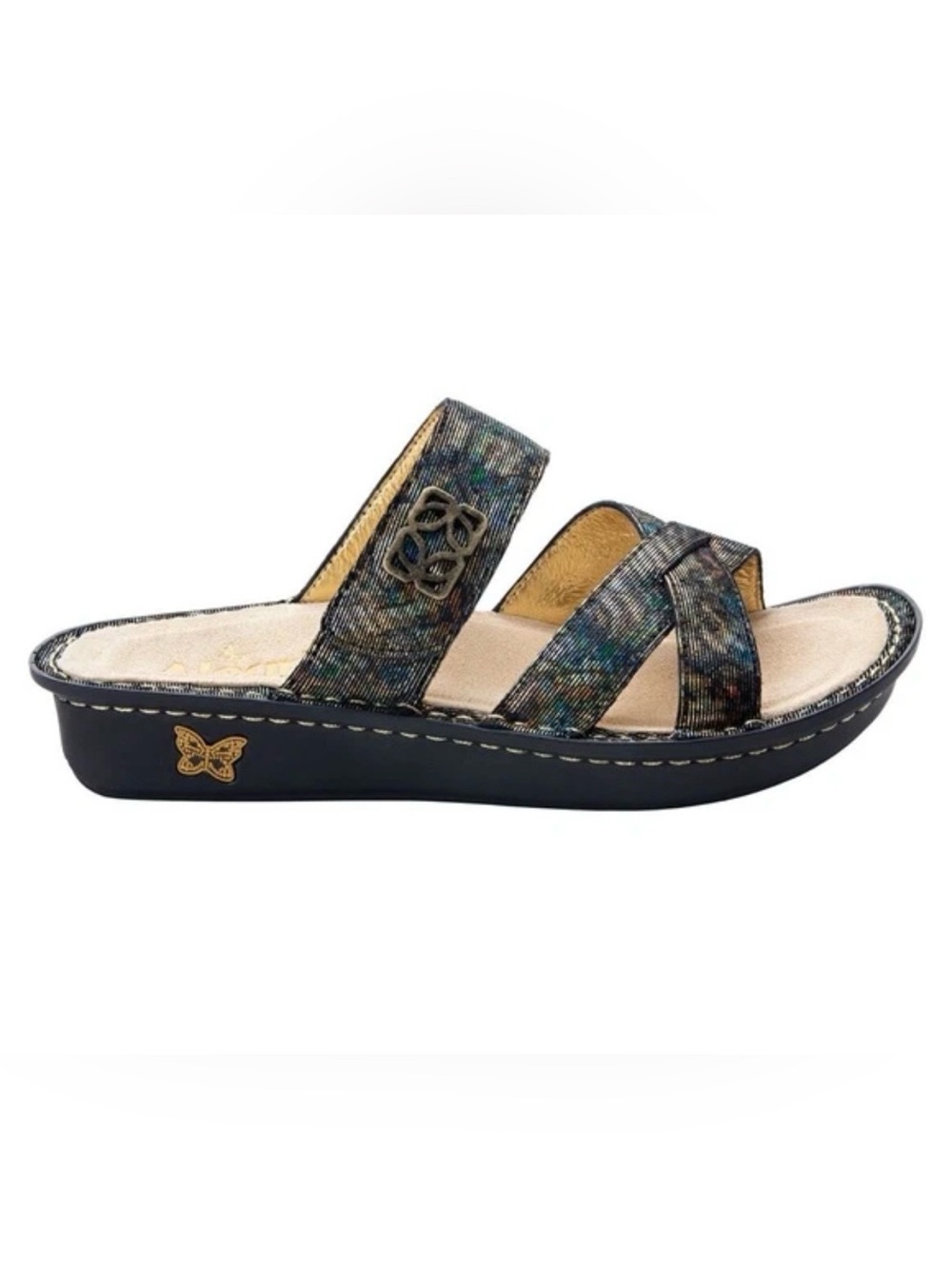 Alegria Women’s Metallic Multi-Color Cross-Strap Slide Sandals